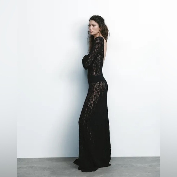 ZARA Black Lace Maxi Dress Long Sleeve Semi- sheer NWT - Picture 2 of 15